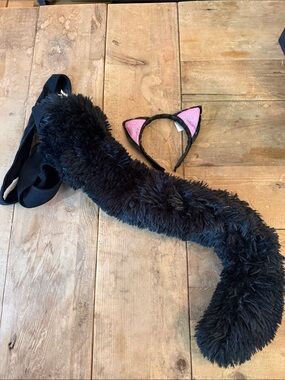 Black Plush Cat Tail and Pink Ear Headband Set for Cats